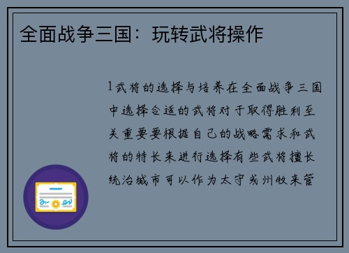 全面战争三国：玩转武将操作