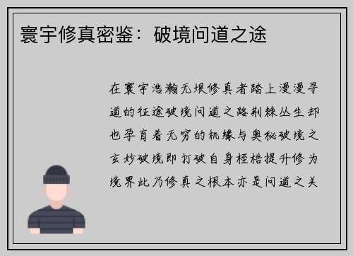 寰宇修真密鉴：破境问道之途